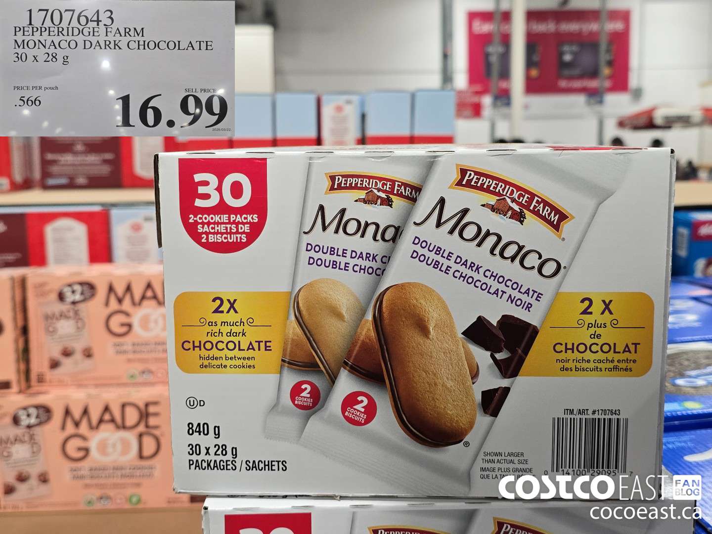 1707643 PEPPERIDGE FARM MONACO DARK CHOCOLATE 30 x 28 g $16.99