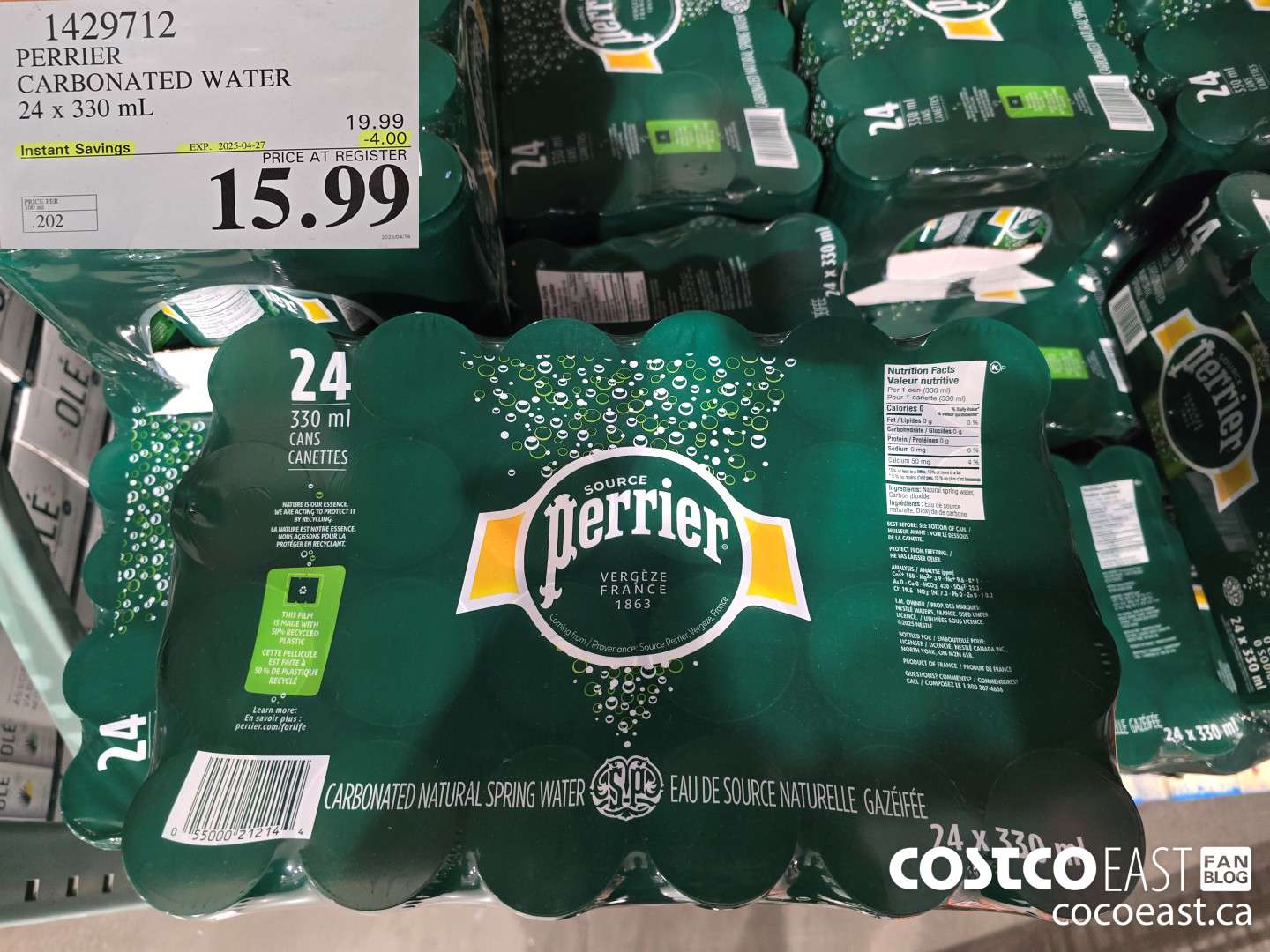 1429712 PERRIER CARBONATED WATER 24 x 330 mL ($4.00 INSTANT SAVINGS EXPIRES ON 2025-04-27) $15.99