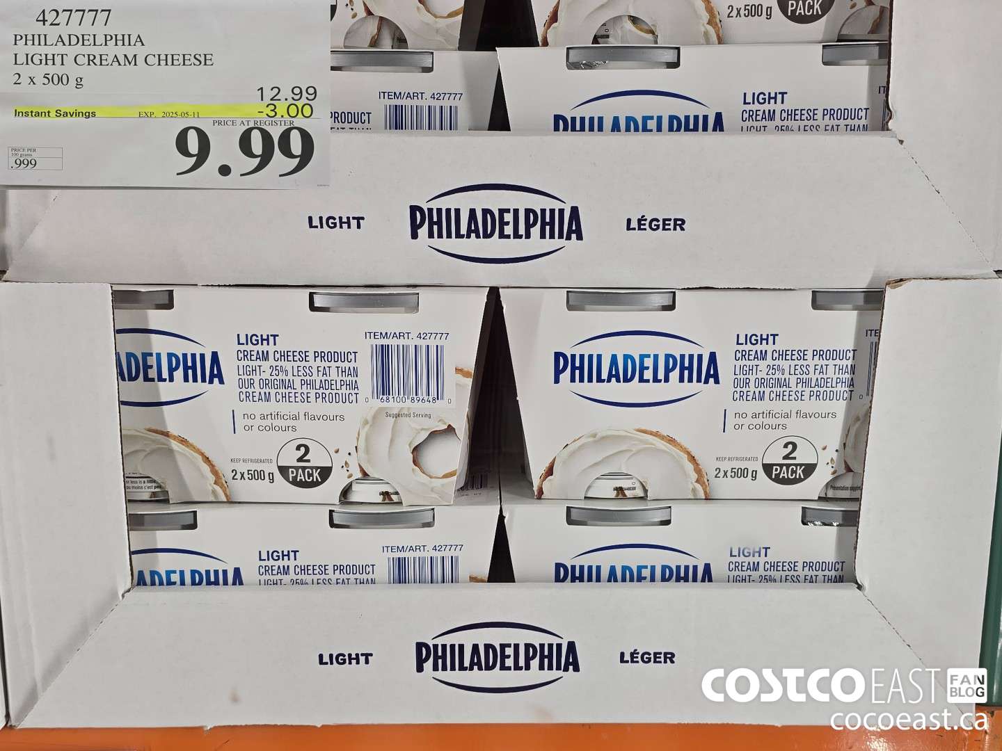 427777 PHILADELPHIA LIGHT CREAM CHEESE 2 X 500 G ($3.00 INSTANT SAVINGS EXPIRES ON 2025-05-11) $9.89
