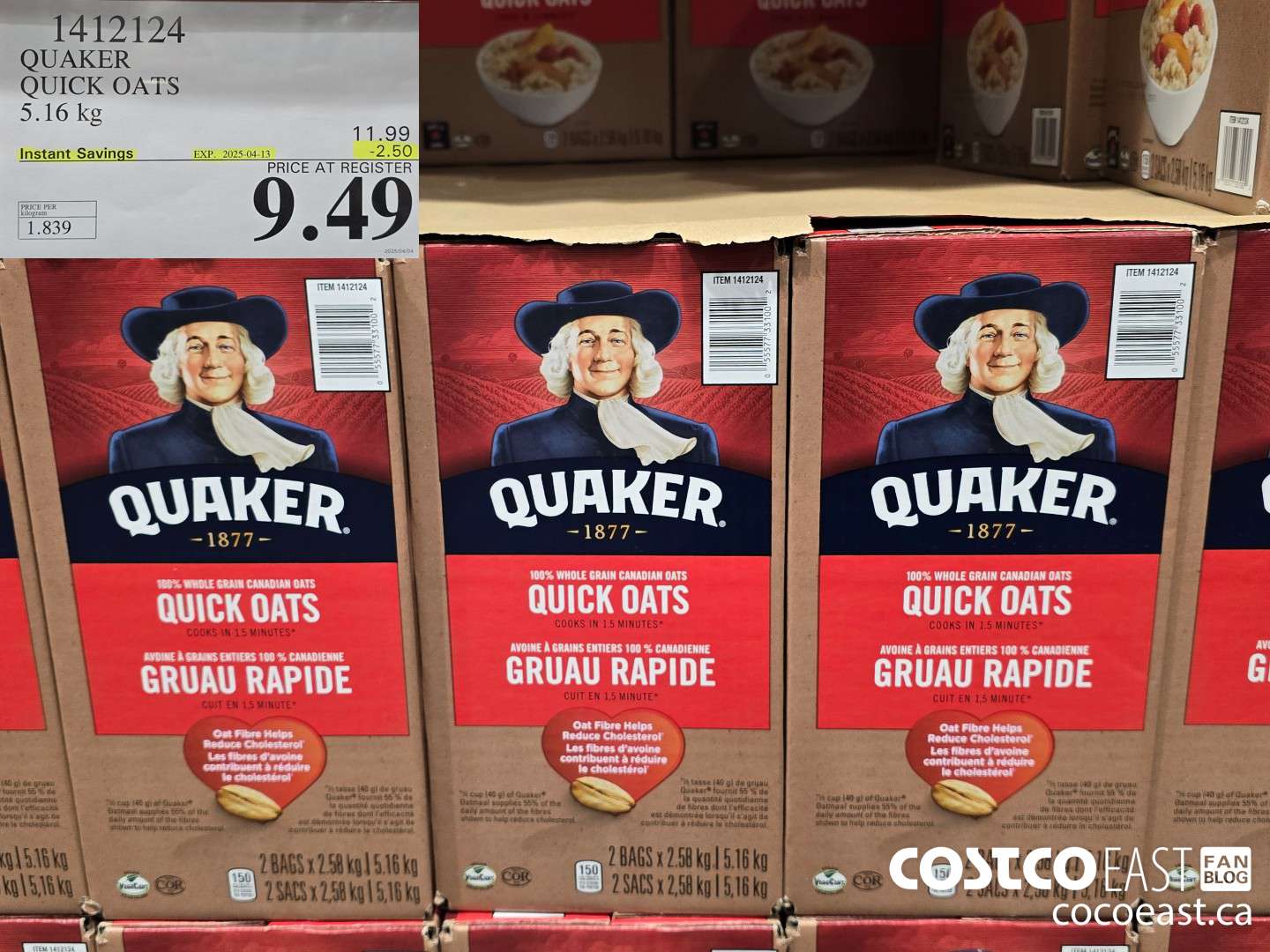 1412124 QUAKER QUICK OATS 5.16 kg ($2.50 INSTANT SAVINGS EXPIRES ON 2025-04-13) $9.49
