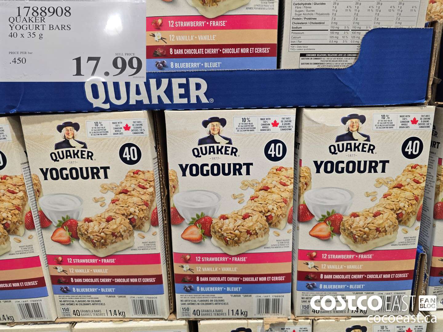 1788908 QUAKER YOGURT BARS 40 x 35g $17.99