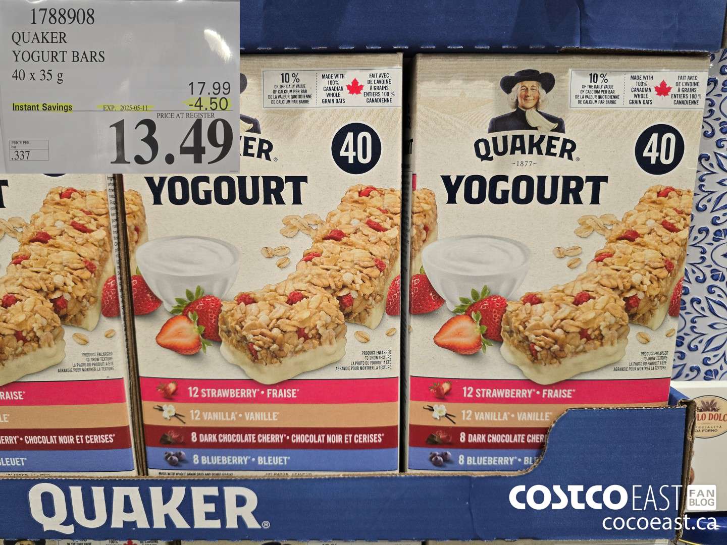 1788908 QUAKER YOGURT BARS 40 x 35g ($4.50 INSTANT SAVINGS EXPIRES ON 2025-05-11) $13.49