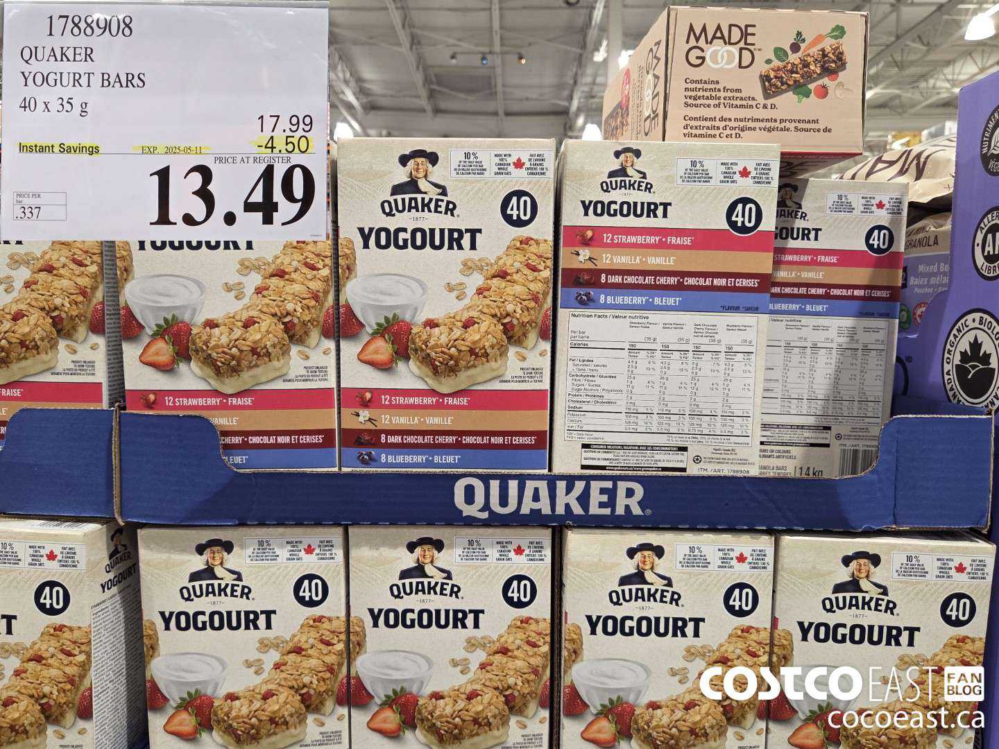 1788908 QUAKER YOGURT BARS 40 x 35g ($4.50 INSTANT SAVINGS EXPIRES ON 2025-05-11) $13.49