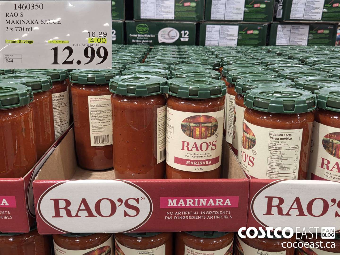 1460350 RAO'S MARINARA SAUCE 2 x 770 mL ($4.00 INSTANT SAVINGS EXPIRES ON 2025-05-04) $12.99