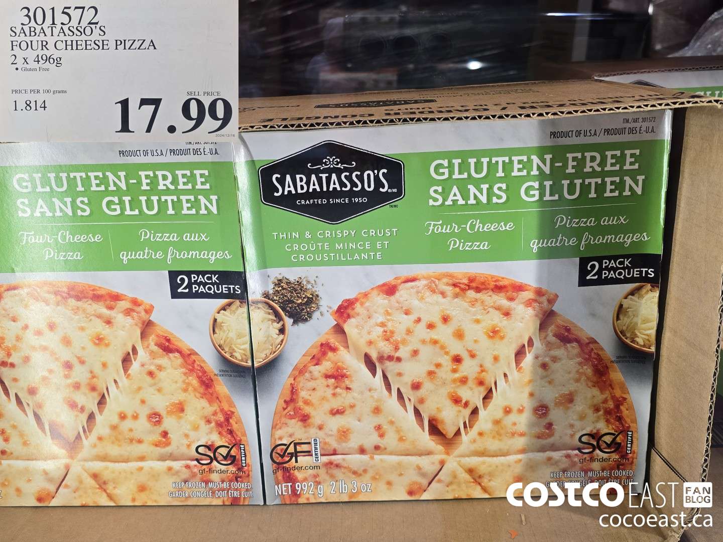 301572 SABATASSO'S FOUR CHEESE PIZZA 2 X 496G $17.99