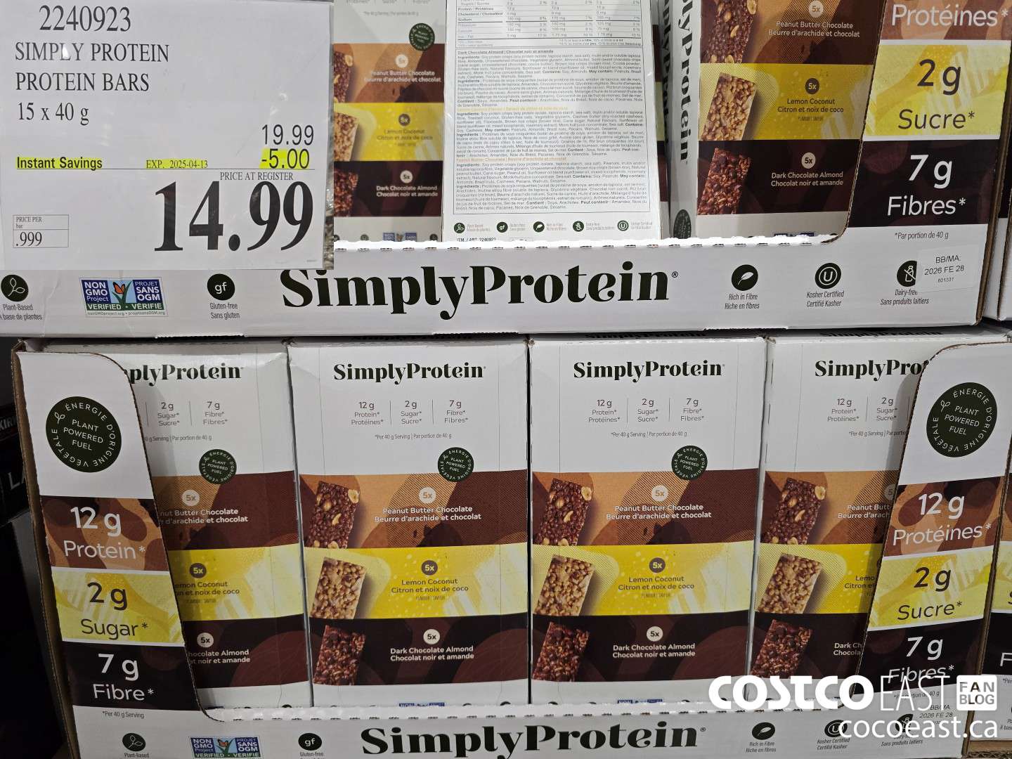 2240923 SIMPLY PROTEIN PROTEIN BARS 15 x 40 g ($5.00 INSTANT SAVINGS EXPIRES ON 2025-04-13) $14.99