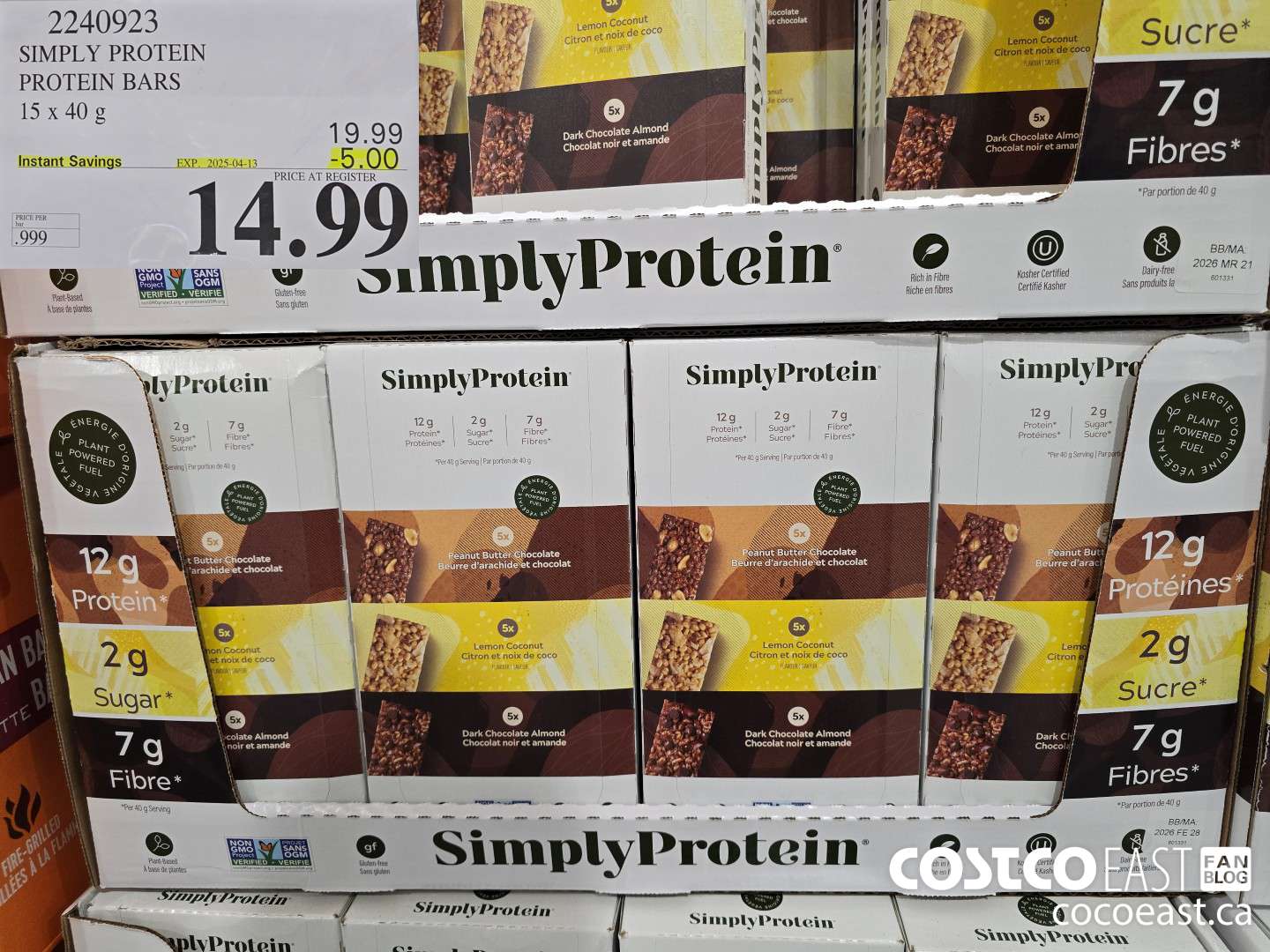 2240923 SIMPLY PROTEIN PROTEIN BARS 15 x 40 g ($5.00 INSTANT SAVINGS EXPIRES ON 2025-04-13) $14.99