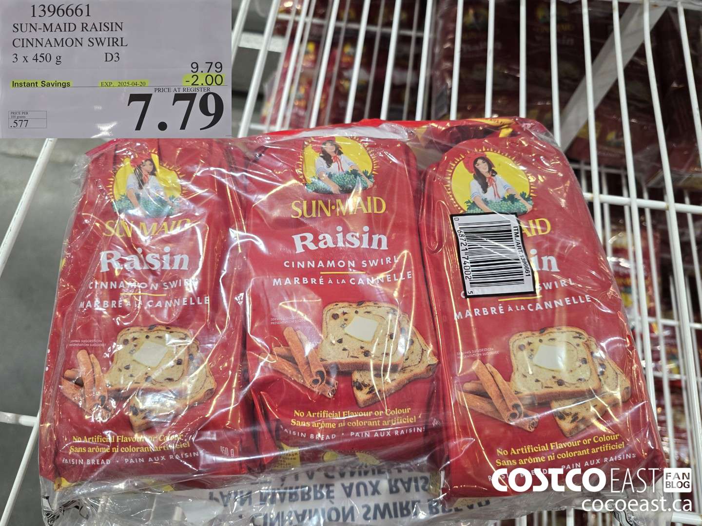 1396661 SUN-MAID RAISIN CINNAMON SWIRL 3 x 450 g ($2.00 INSTANT SAVINGS EXPIRES ON 2025-04-20) $7.79