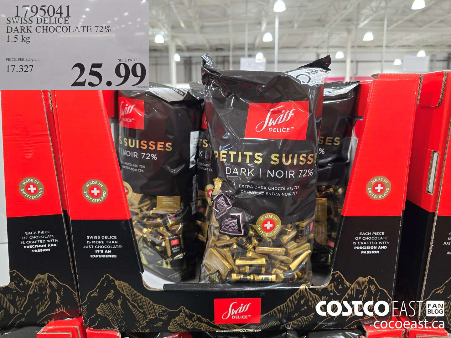 1795041 SWISS DELICE DARK CHOCOLATE 72% 1.5 kg $25.99