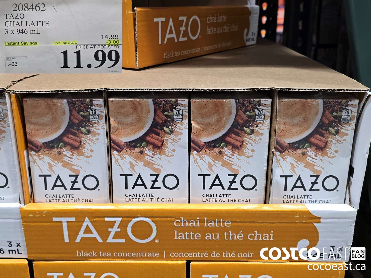 208462 TAZO CHAI LATTE 3 X 946 ML ($3.00 INSTANT SAVINGS EXPIRES ON 2025-04-06) $11.99