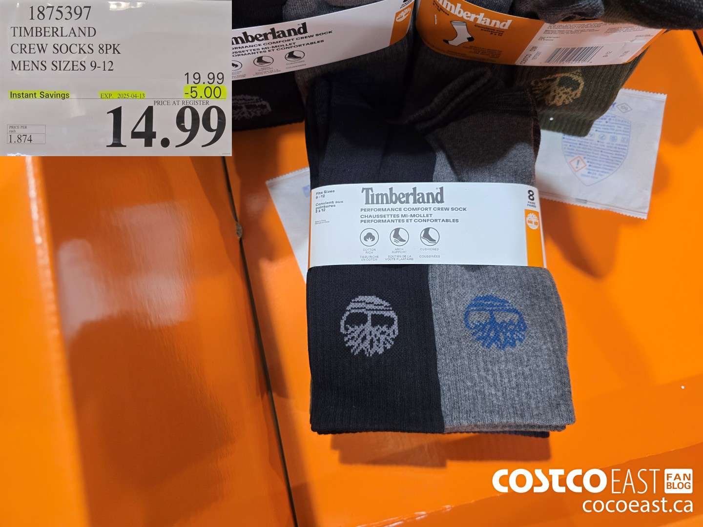 1875397 TIMBERLAND CREW SOCKS 8PK MENS SIZES 9-12 ($5.00 INSTANT SAVINGS EXPIRES ON 2025-04-13) $14.99