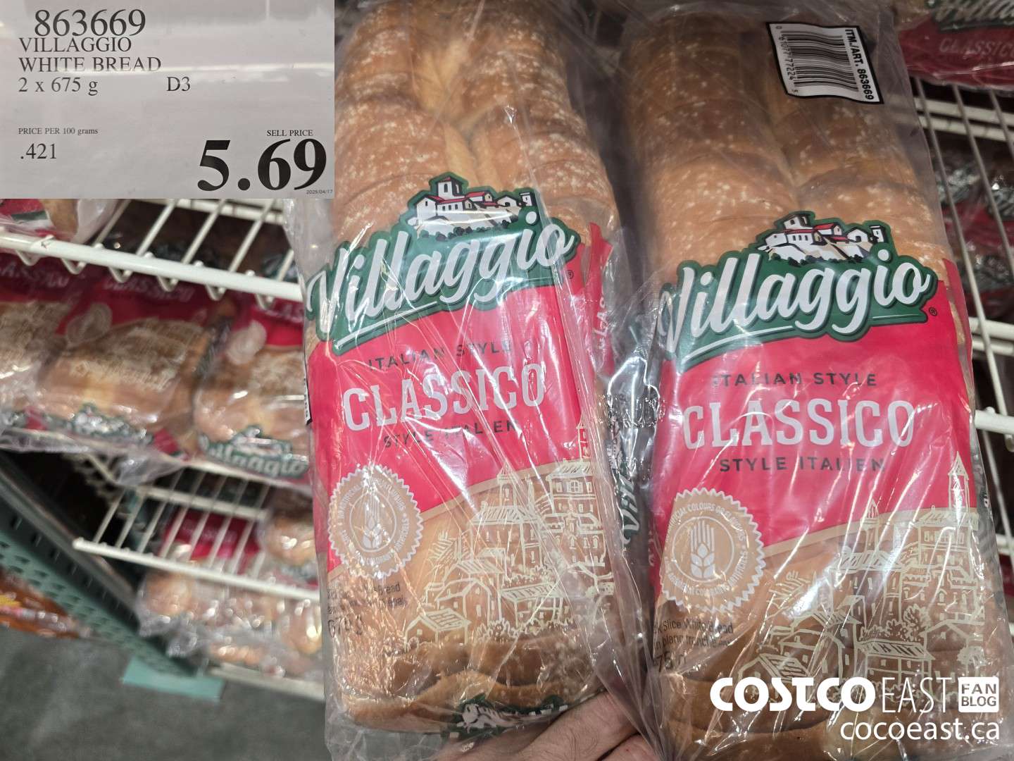 863669 VILLAGGIO WHITE BREAD 2 X 675G $5.69