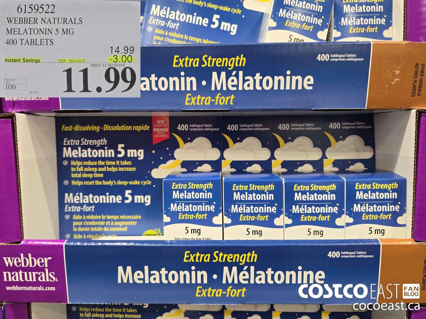 6159522 WEBBER NATURALS MELATONIN 5 MG 400 TABLETS ($3.00 INSTANT SAVINGS EXPIRES ON 2025-04-27) $11.99