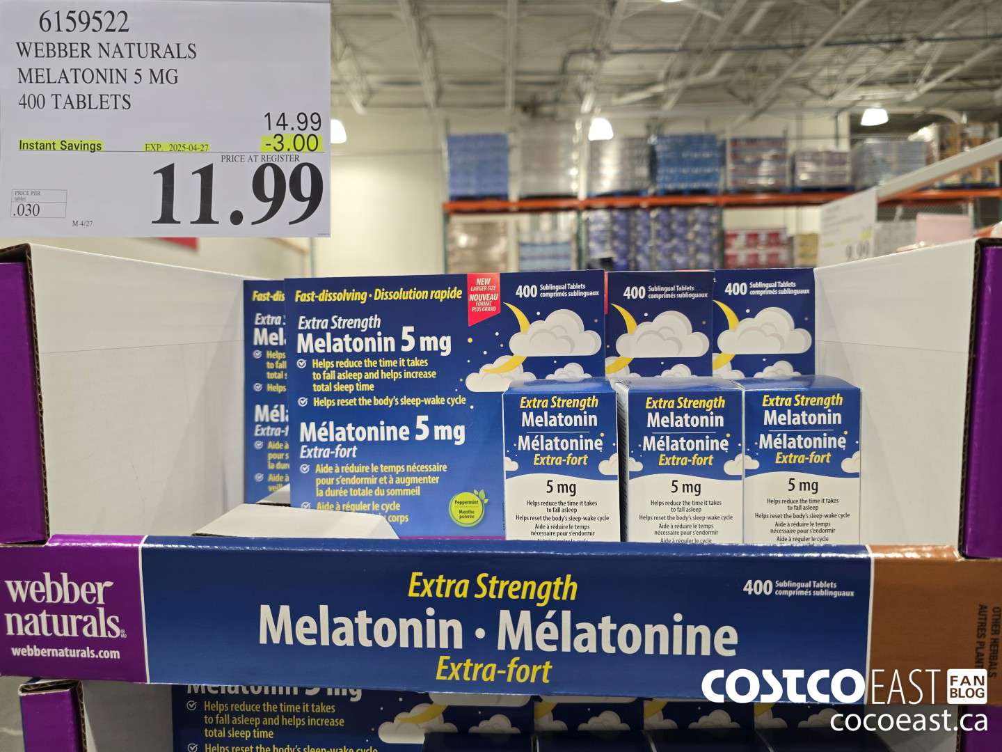 6159522 WEBBER NATURALS MELATONIN 5 MG 400 TABLETS ($3.00 INSTANT SAVINGS EXPIRES ON 2025-04-27) $11.99