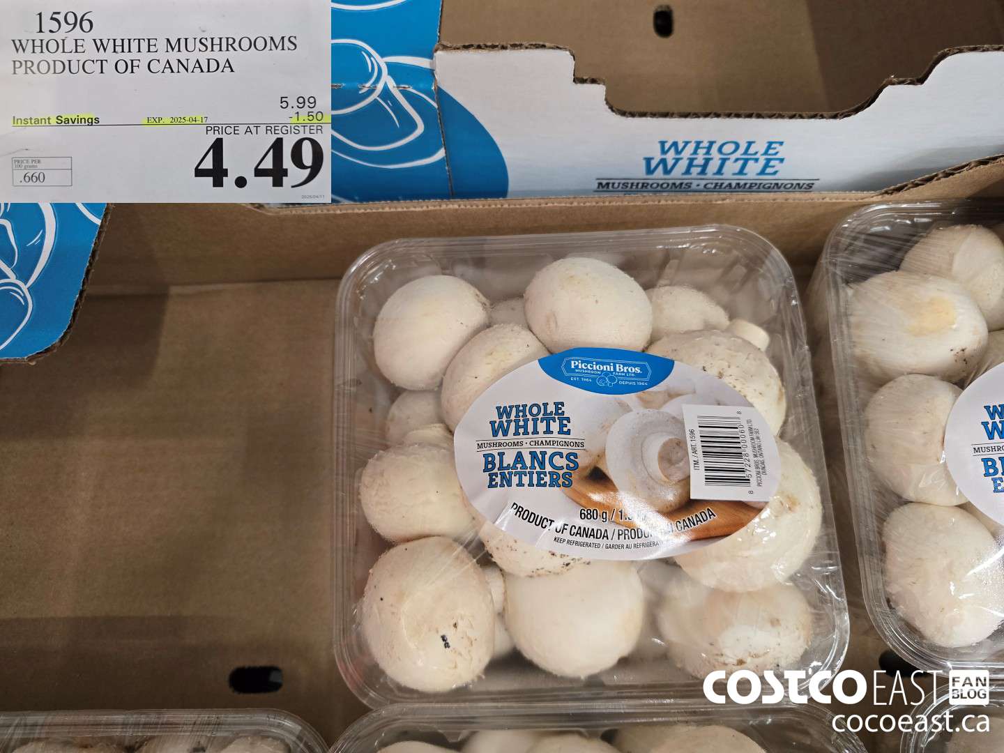 1596 WHOLE WHITE MUSHROOMS PRODUCT OF CANADA ($1.50 INSTANT SAVINGS EXPIRES ON 2025-04-17) $4.49