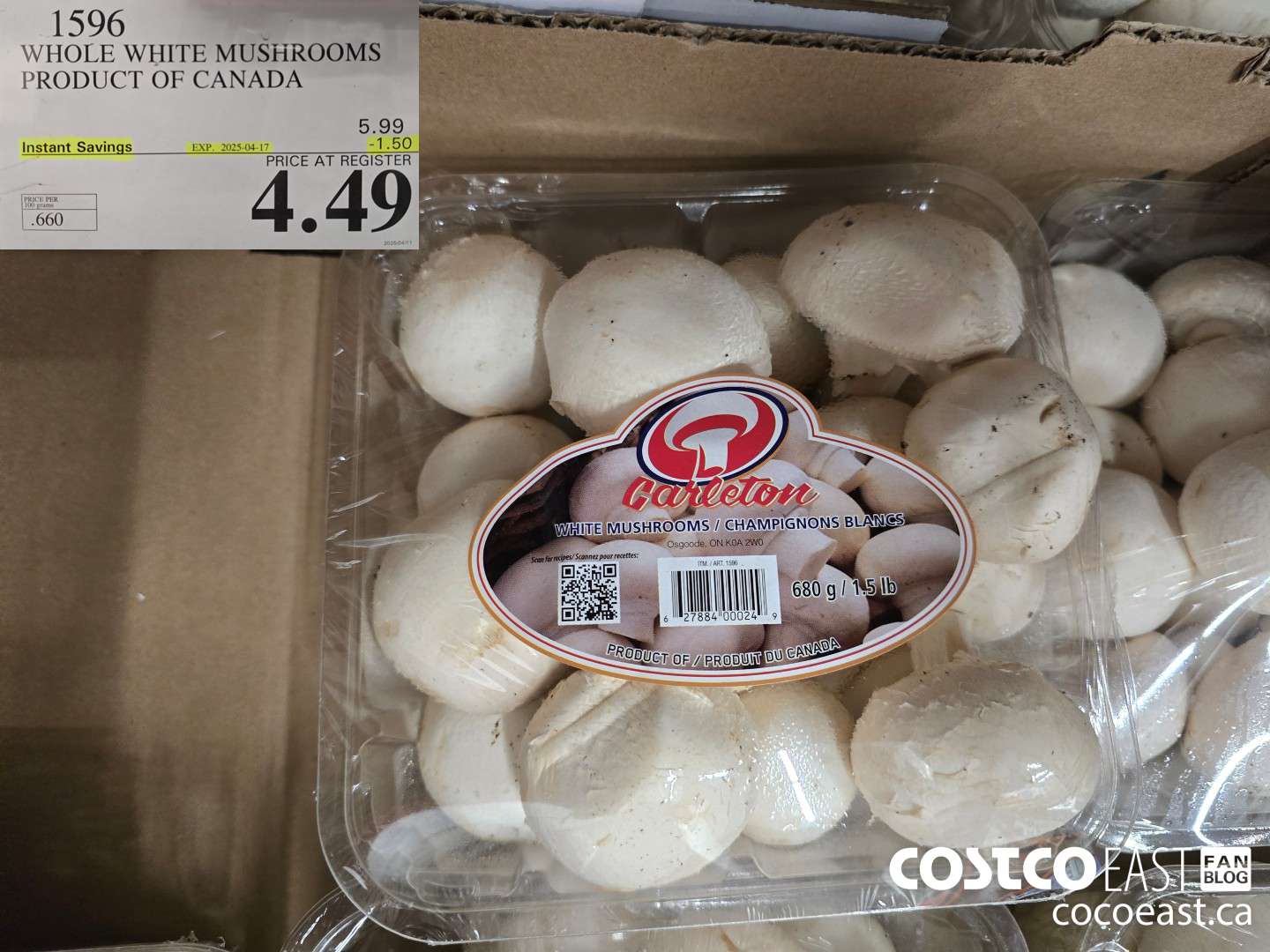 1596 WHOLE WHITE MUSHROOMS PRODUCT OF CANADA ($1.50 INSTANT SAVINGS EXPIRES ON 2025-04-17) $4.49