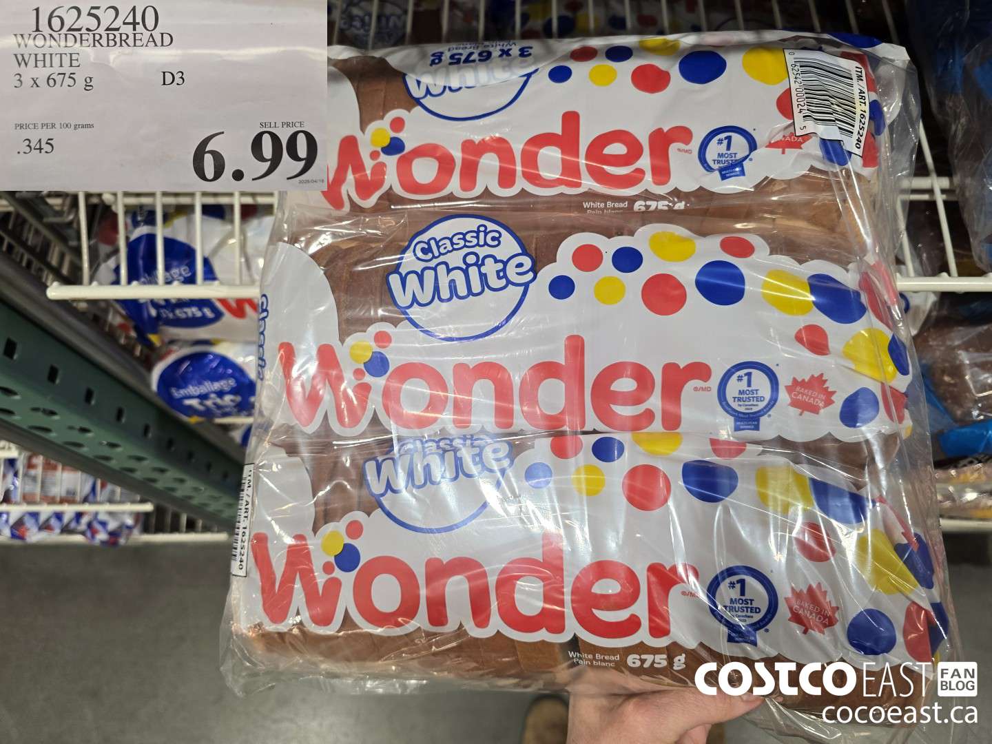 1625240 WONDERBREAD WHITE 3 X 675 G $6.69