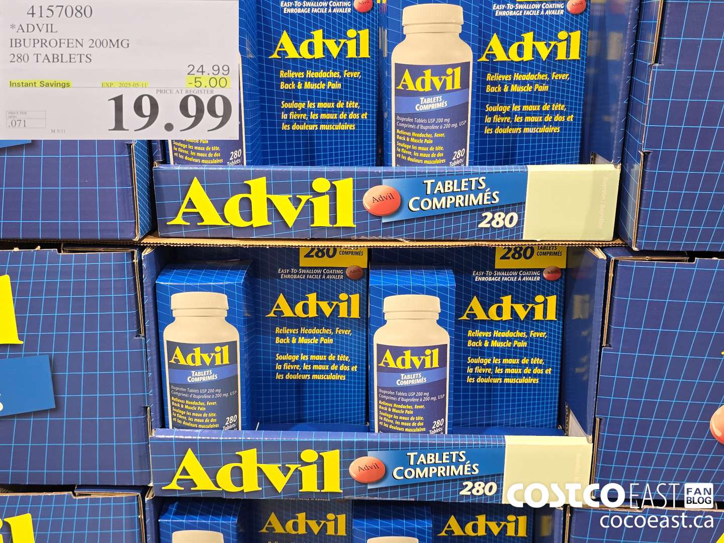 4157080 ADVIL IBUPROFEN 200MG 280 TABLETS ($5.00 INSTANT SAVINGS EXPIRES ON 2025-05-11) $19.99