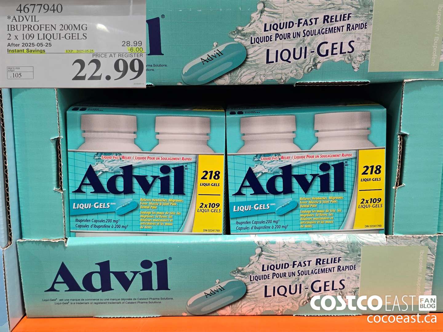4677940 ADVIL IBUPROFEN 200MG 2 X 109 LIQUI-GELS ($6.00 INSTANT SAVINGS EXPIRES ON 2025-05-25) $22.99