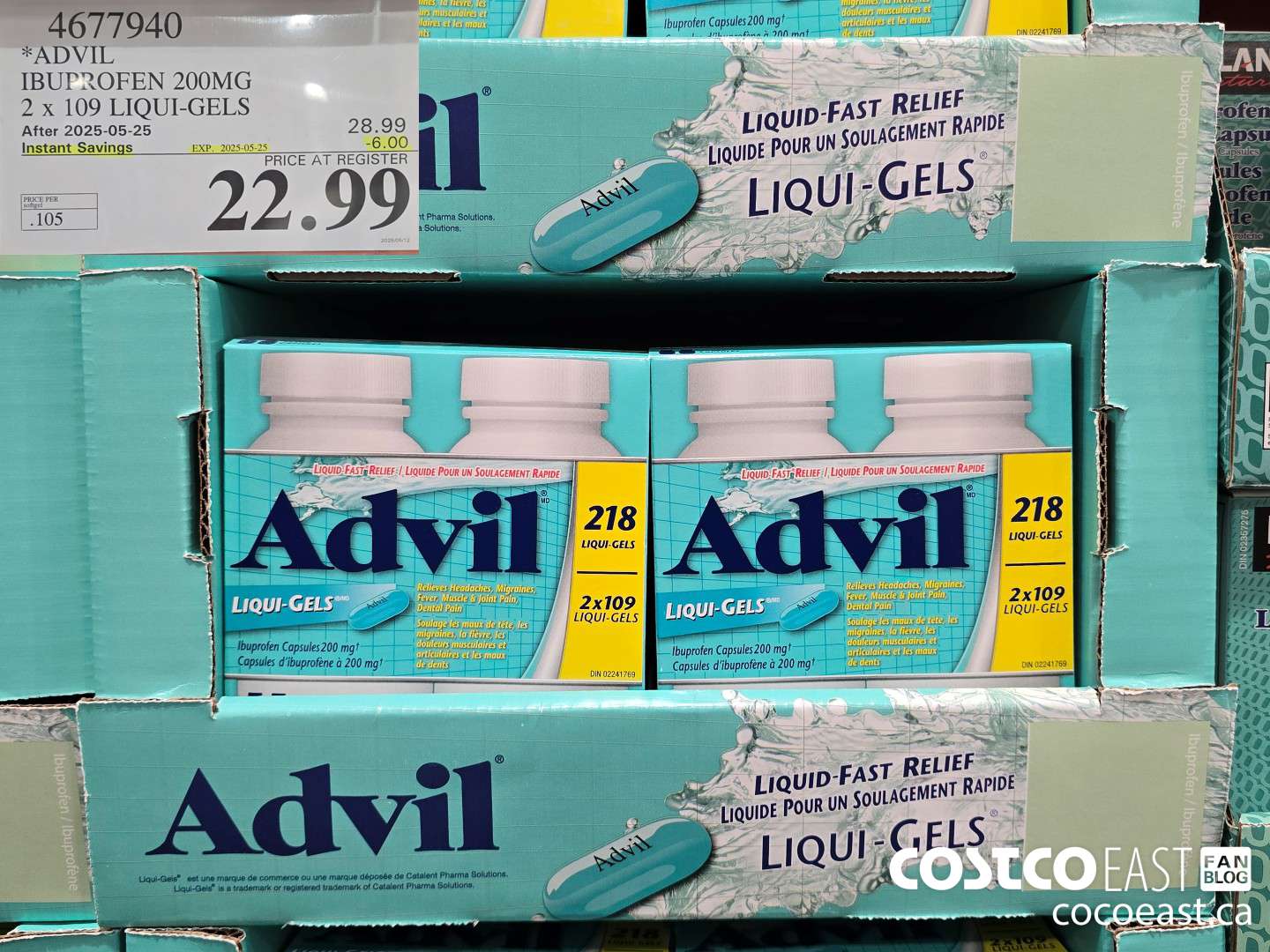 4677940 ADVIL IBUPROFEN 200MG 2 X 109 LIQUI-GELS ($6.00 INSTANT SAVINGS EXPIRES ON 2025-05-25) $22.99