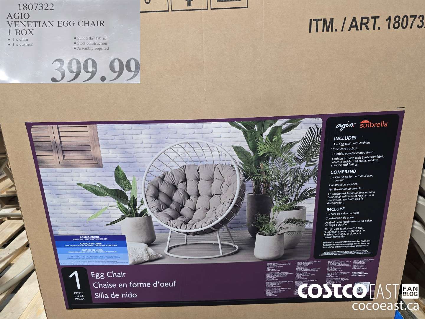 1807322 AGIO VENETIAN EGG CHAIR 1 BOX $399.99