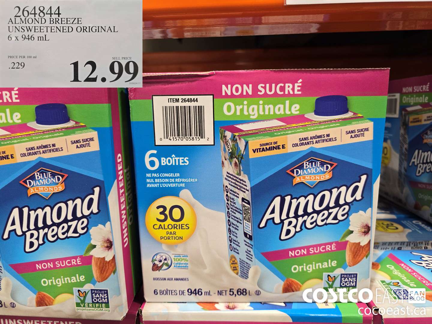 264844 ALMOND BREEZE UNSWEETENED ORIGINAL 6 X 946 ML $12.99