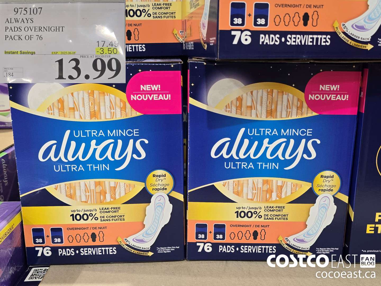 975107 ALWAYS PADS OVERNIGHT PACK OF 76 ($3.50 INSTANT SAVINGS EXPIRES ON 2025-06-08) $13.99