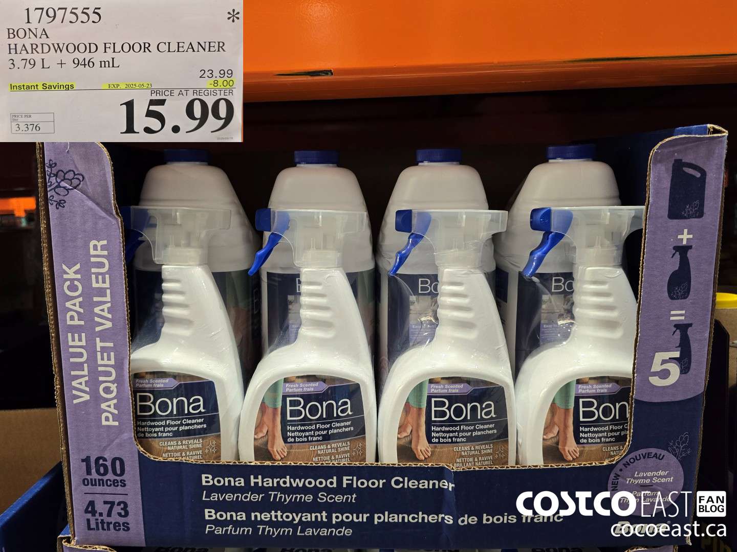 1797555 BONA HARDWOOD FLOOR CLEANER 3.79 L + 946 mL ($8.00 INSTANT SAVINGS EXPIRES ON 2025-05-23) $15.99
