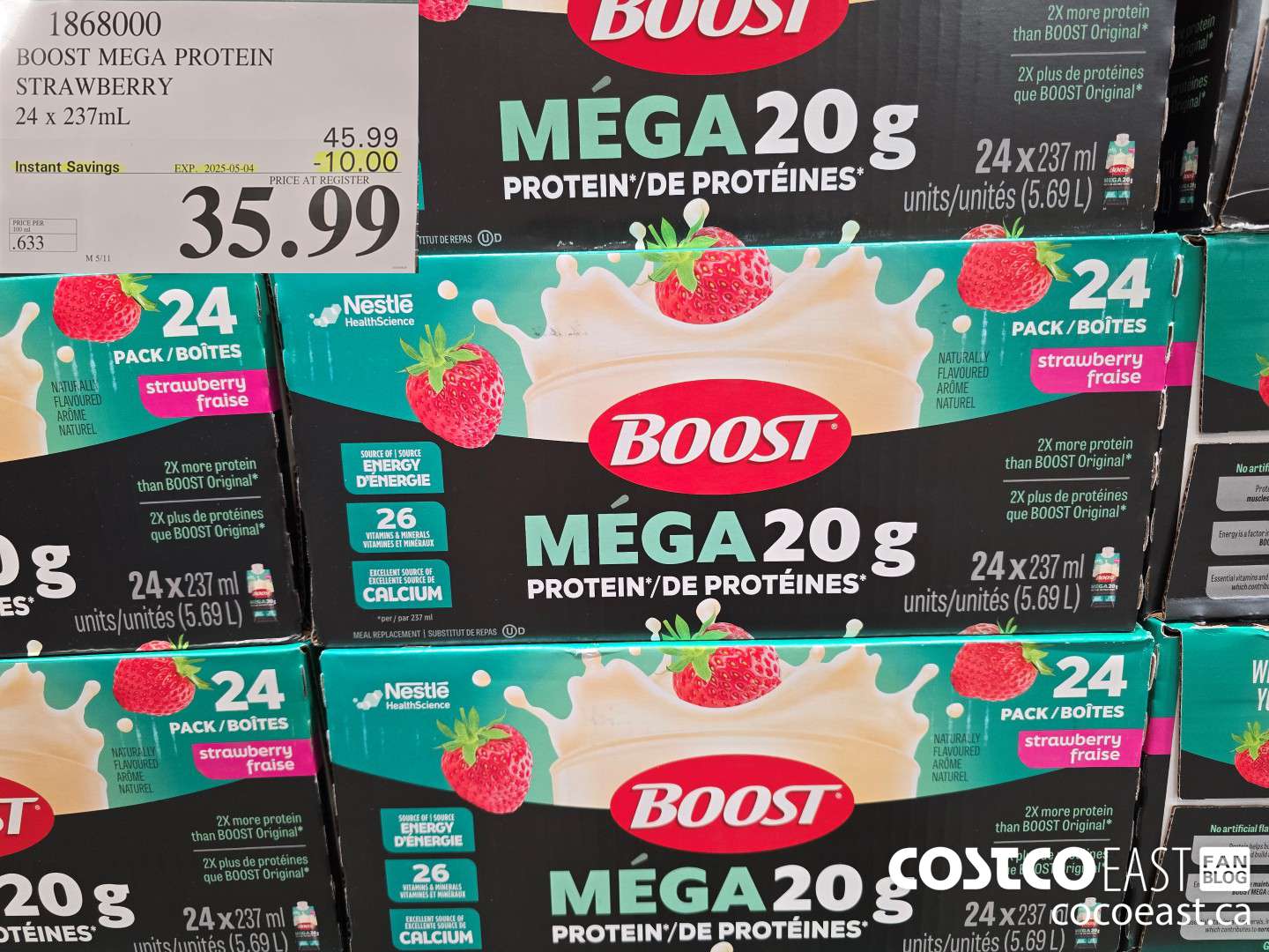 1868000 BOOST MEGA PROTEIN STRAWBERRY 24 x 237mL ($10.00 INSTANT SAVINGS EXPIRES ON 2025-05-04) $35.99