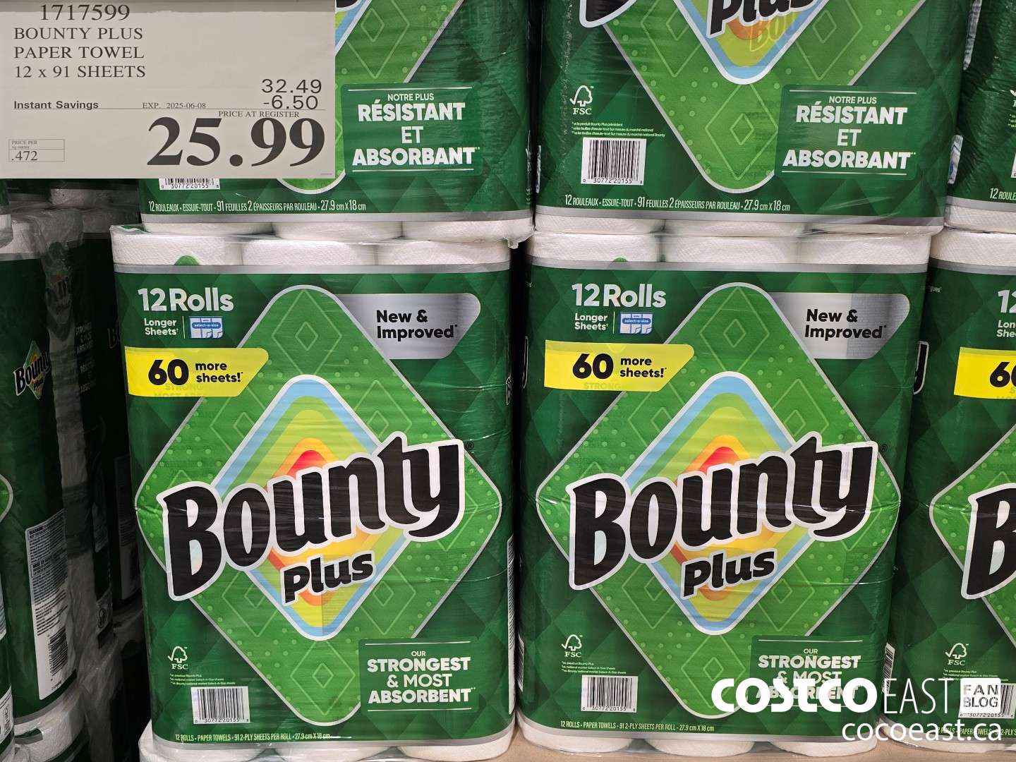 1717599 BOUNTY PLUS PAPER TOWEL 12 x 91 SHEETS ($6.50 INSTANT SAVINGS EXPIRES ON 2025-06-08) $25.99