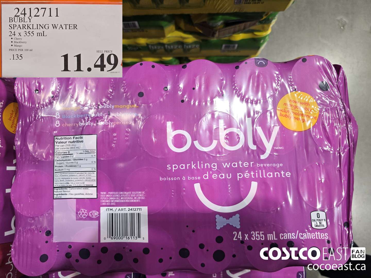 2412711 BUBLY SPARKLING WATER 24 X 355 ML $11.49
