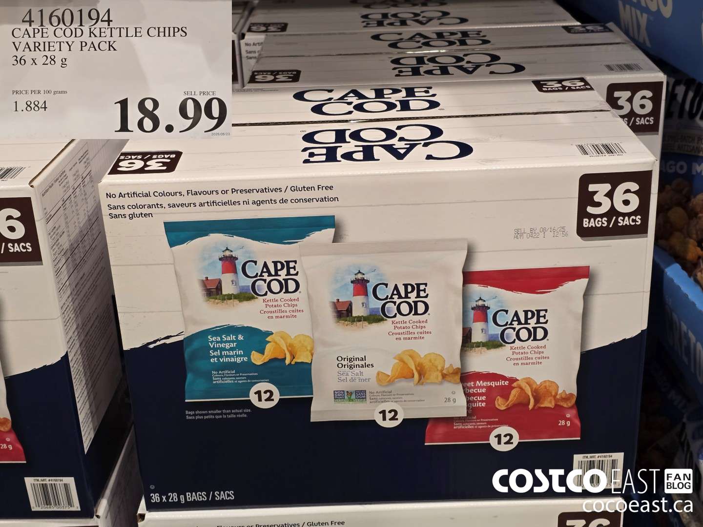 4160194 CAPE COD KETTLE CHIPS VARIETY PACK 36 x 28 g $18.99