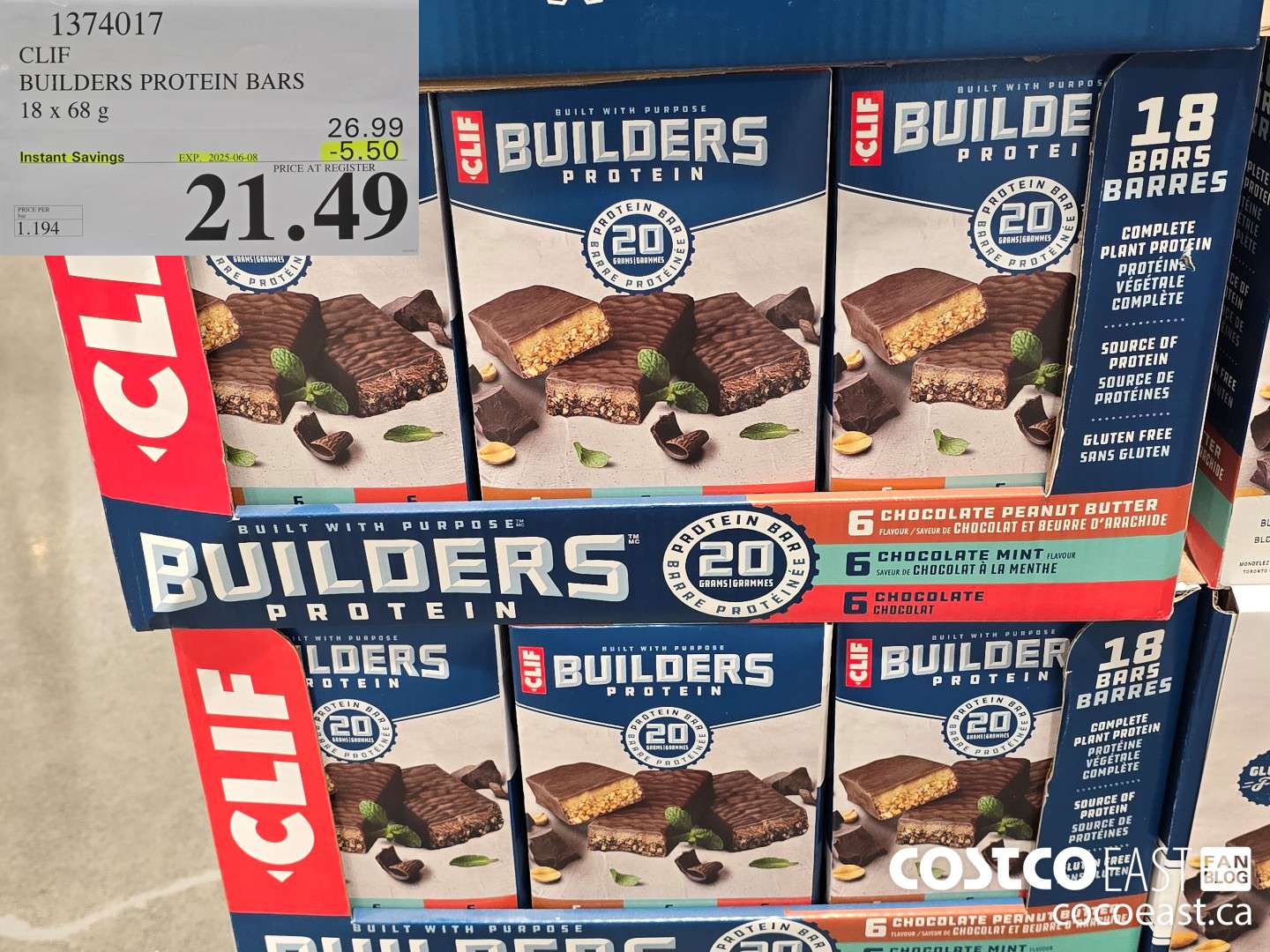 1374017 CLIF BUILDERS PROTEIN BARS 18 X 68 G ($5.50 INSTANT SAVINGS EXPIRES ON 2025-06-08) $21.49