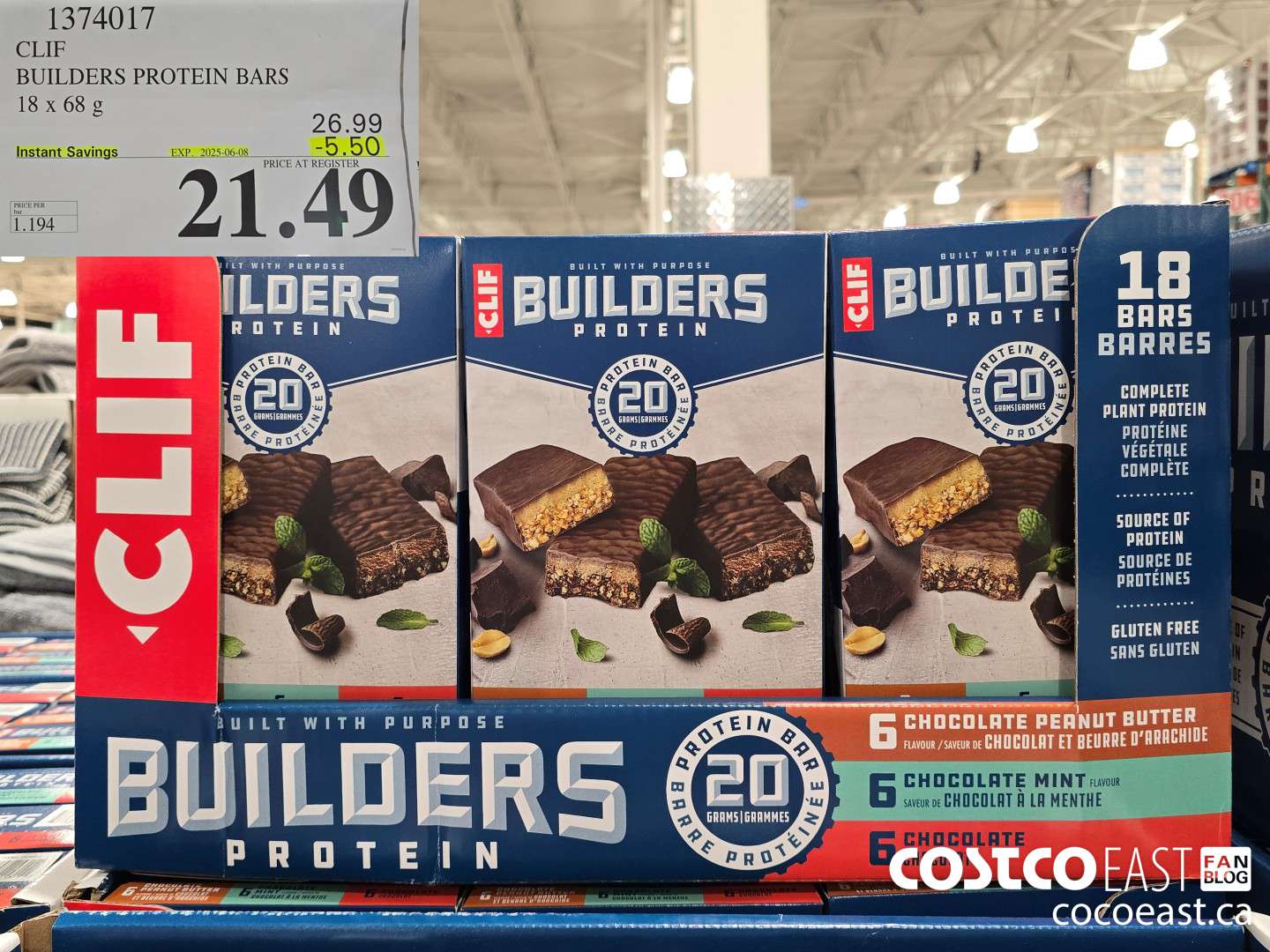 1374017 CLIF BUILDERS PROTEIN BARS 18 X 68 G ($5.50 INSTANT SAVINGS EXPIRES ON 2025-06-08) $21.49