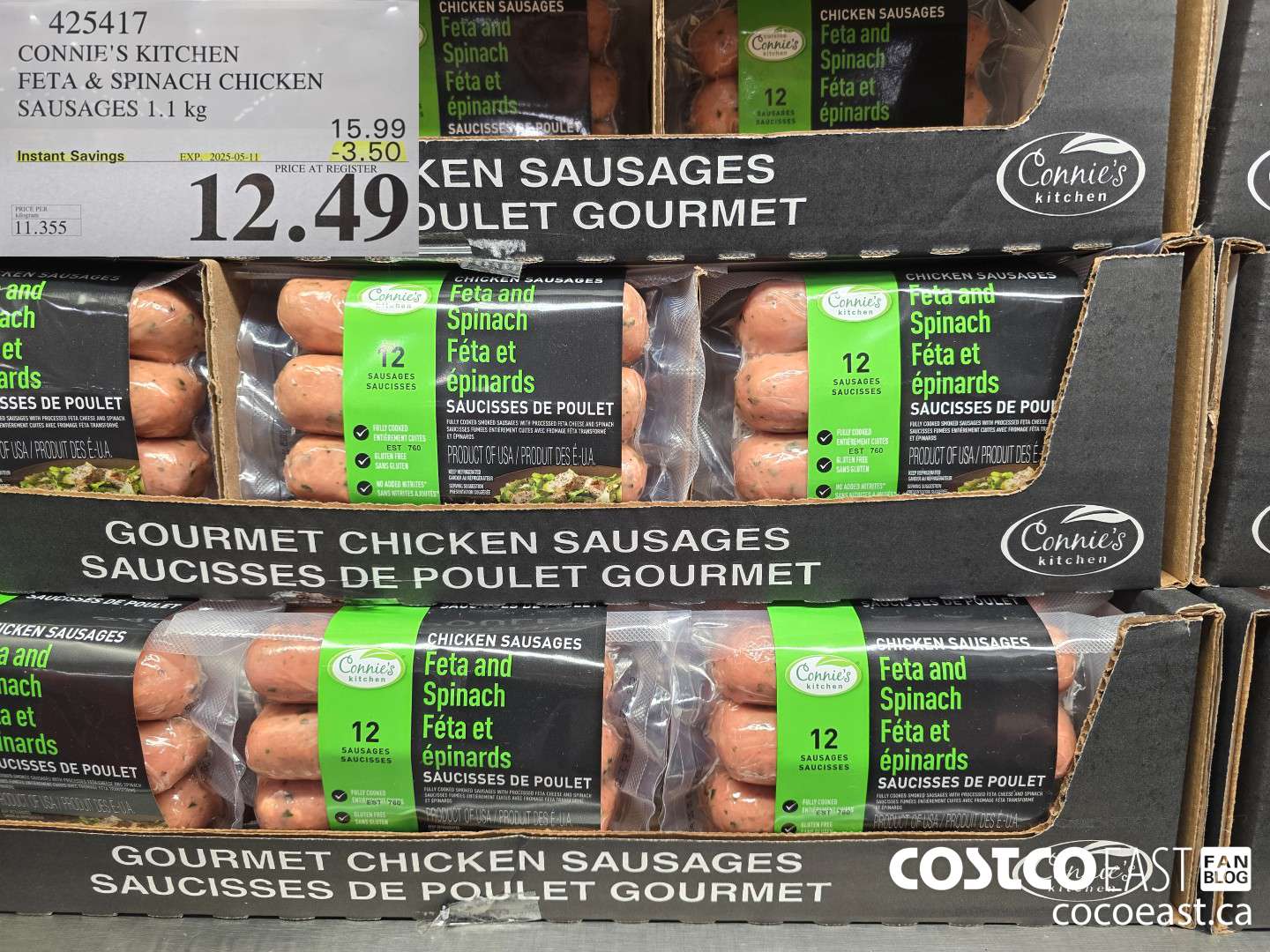 425417 CONNIE'S KITCHEN FETA & SPINACH CHICKEN SAUSAGES 1.1 KG ($3.50 INSTANT SAVINGS EXPIRES ON 2025-05-11) $12.49