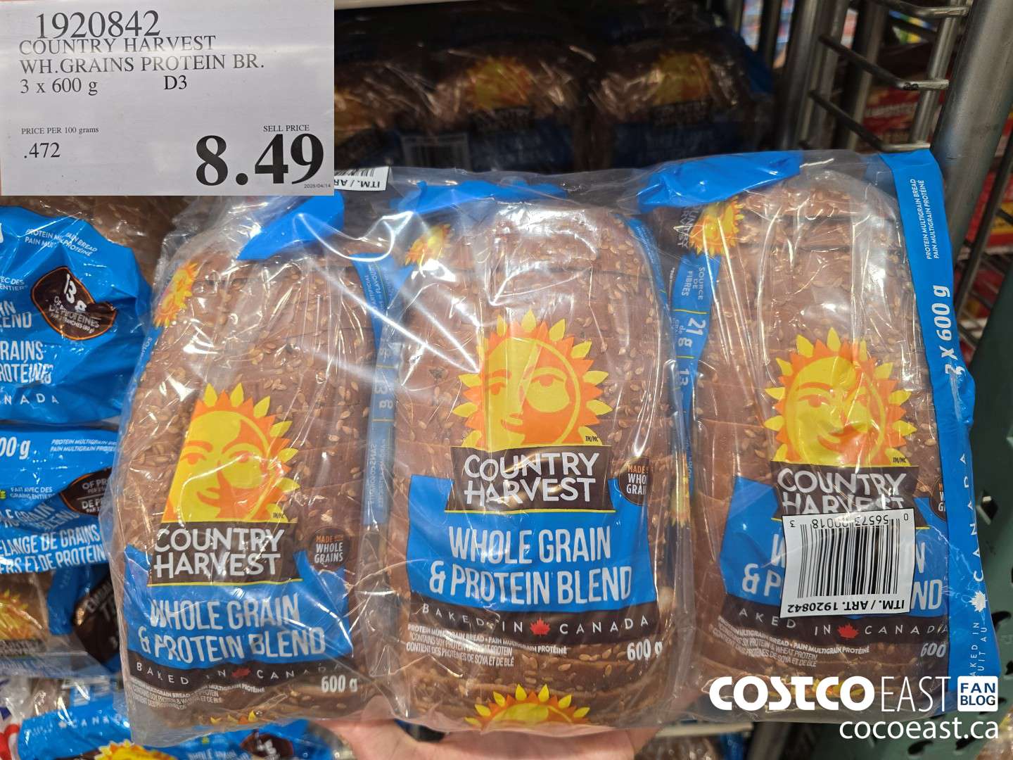 1920842 COUNTRY HARVEST WH.GRAINS PROTEIN BR. 3 X 600 G $8.49