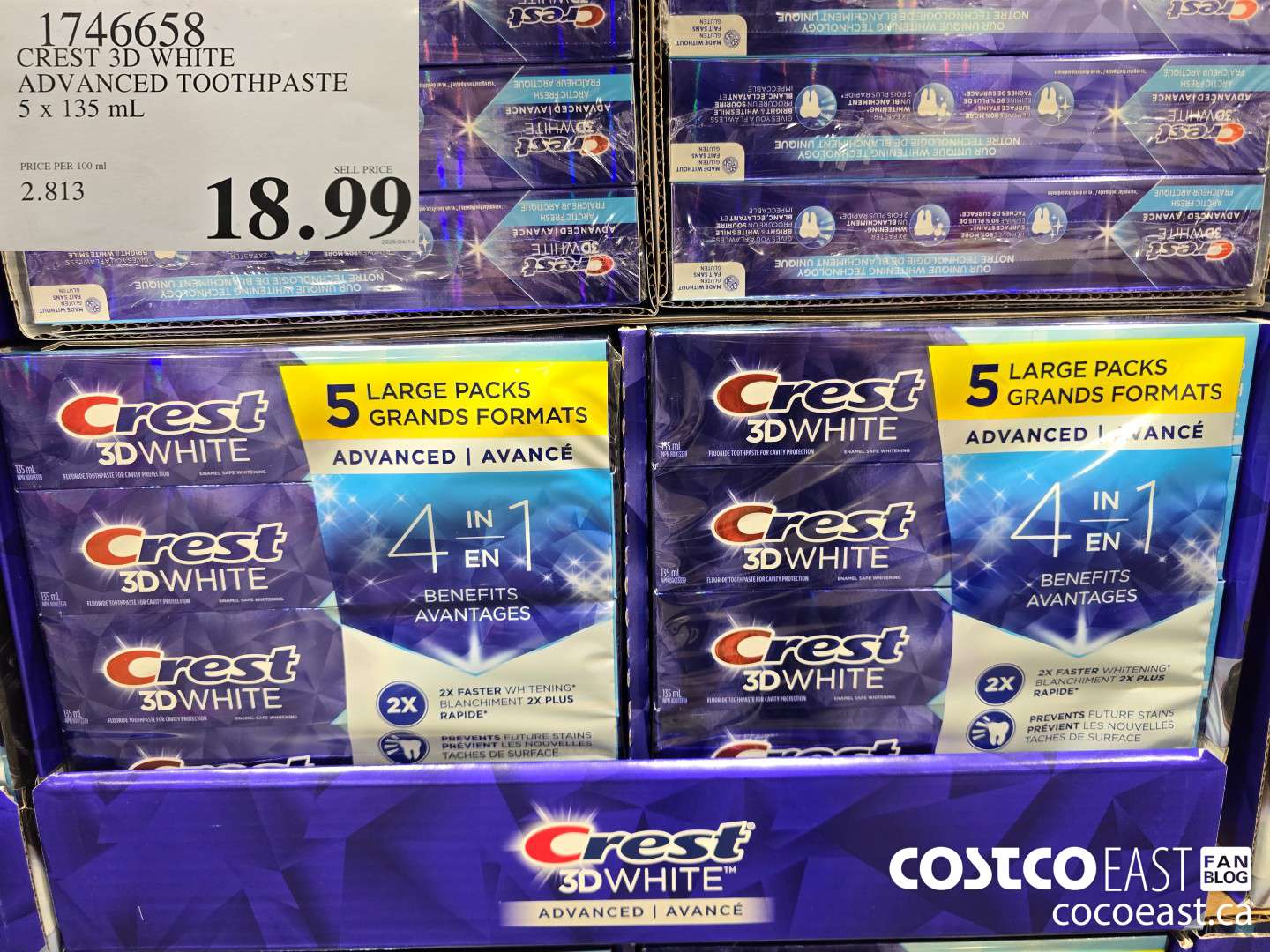 1746658 CREST 3D WHITE ADVANCED TOOTHPASTE 5 X 135 ML $18.99