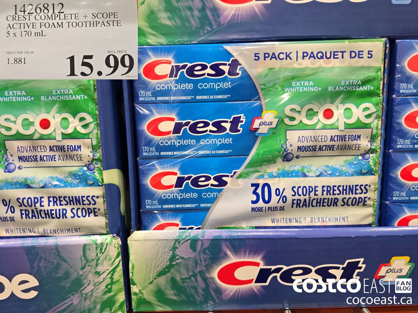1426812 CREST COMPLETE + SCOPE ACTIVE FOAM TOOTHPASTE 5 X 170 ML ($3.50 INSTANT SAVINGS) $15.99