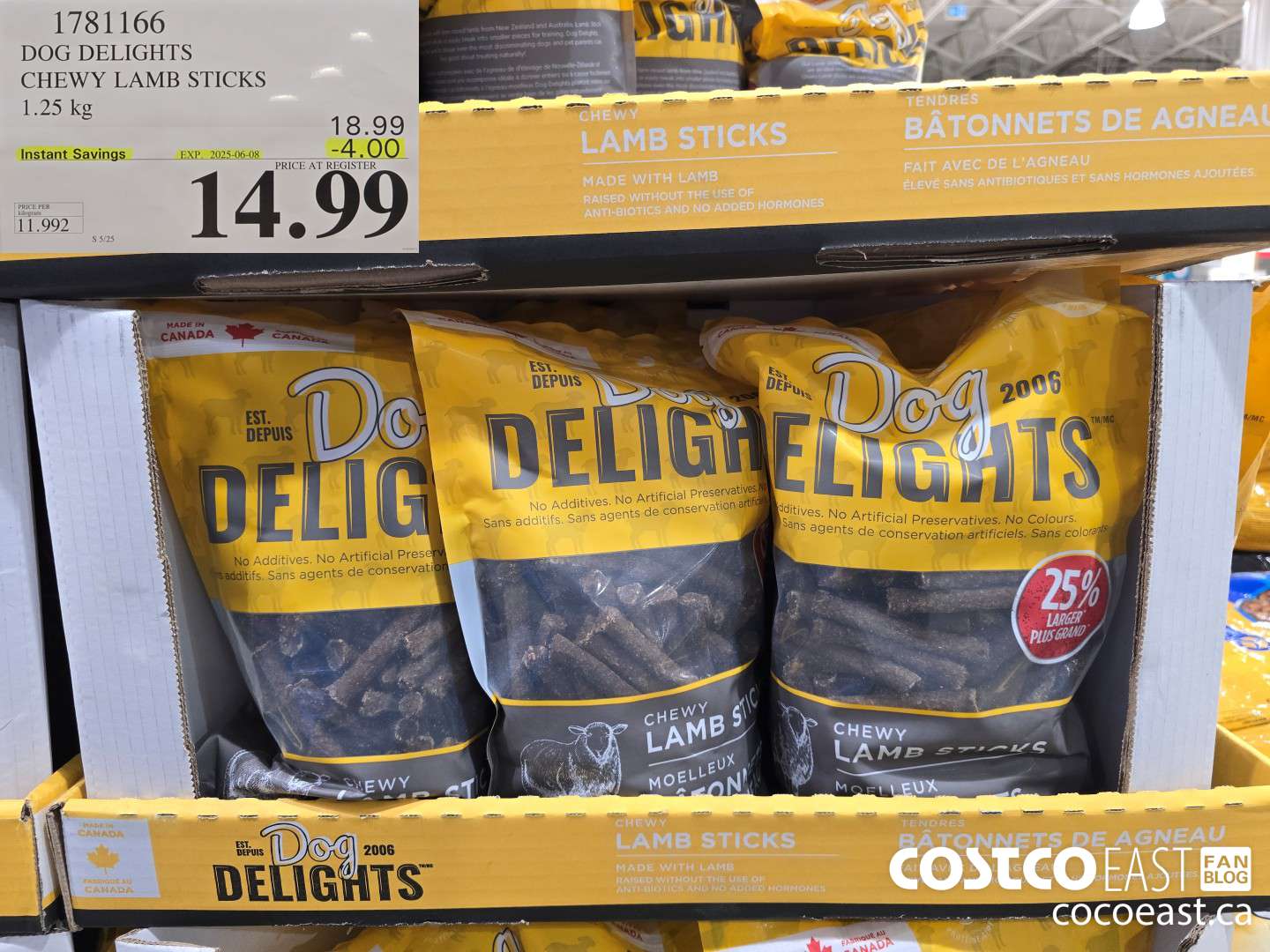 1781166 DOG DELIGHTS CHEWY LAMB STICKS 1.25 KG ($4.00 INSTANT SAVINGS EXPIRES ON 2025-06-08) $14.99