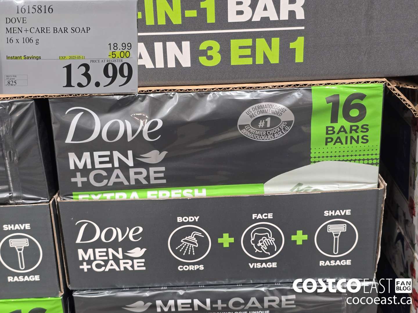 1615816 DOVE MEN + CARE BAR SOAP 16 x 106 g ($5.00 INSTANT SAVINGS EXPIRES ON 2025-05-11) $13.99