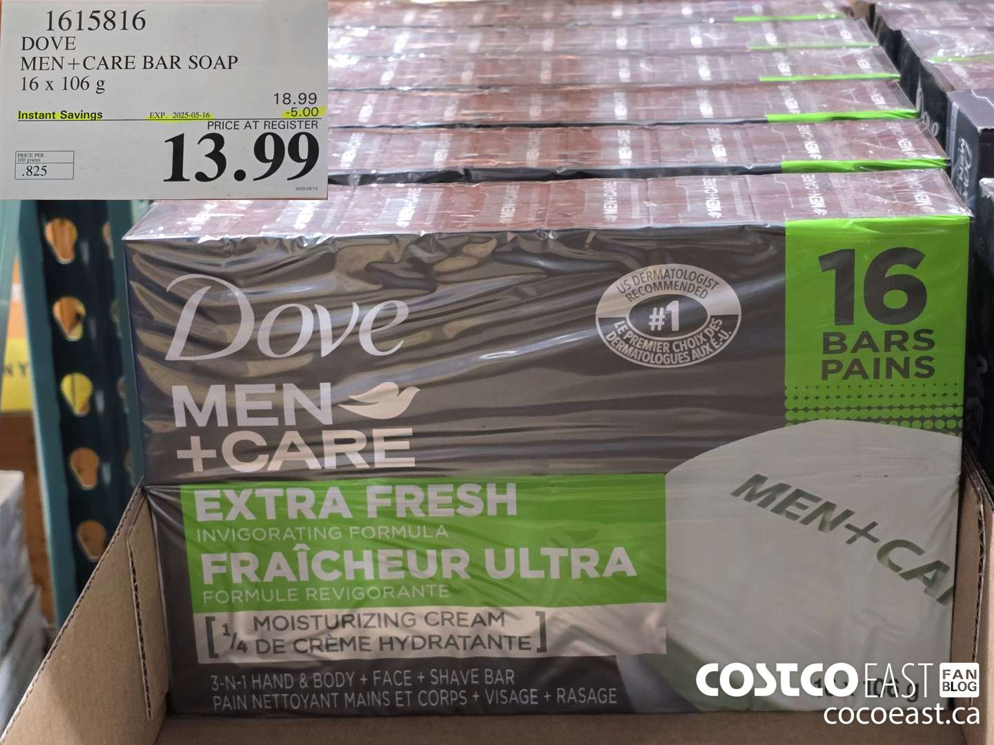 1615816 DOVE MEN + CARE BAR SOAP 16 x 106 g ($5.00 INSTANT SAVINGS EXPIRES ON 2025-05-16) $13.99