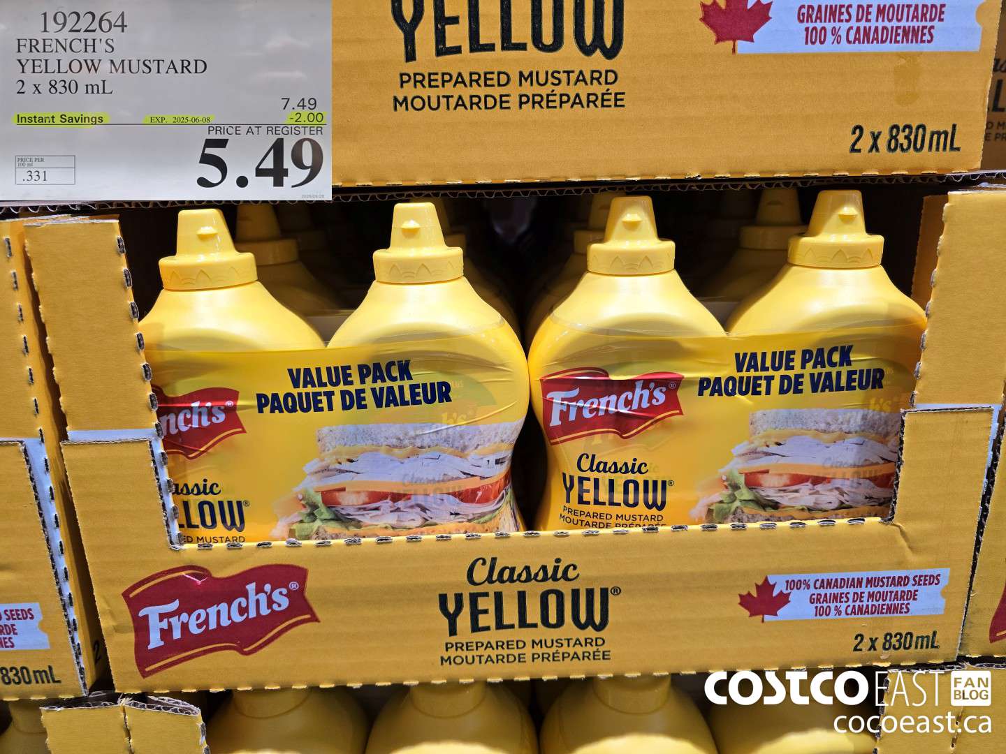 192264 FRENCH'S YELLOW MUSTARD 2 X 830 ML ($2.00 INSTANT SAVINGS EXPIRES ON 2025-06-08) $5.49