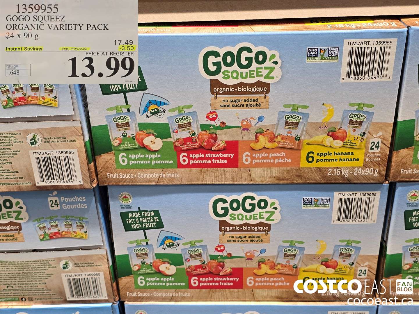 1359955 GOGO SQUEEZ ORGANIC VARIETY PACK 24 x 90 g ($3.50 INSTANT SAVINGS EXPIRES ON 2025-05-04) $13.99