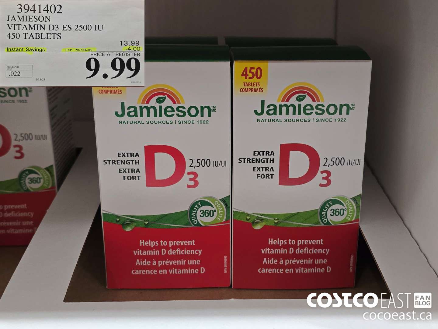 3941402 JAMIESON VITAMIN D3 2500IU 450 TABLETS ($4.00 INSTANT SAVINGS EXPIRES ON 2025-06-08) $9.99