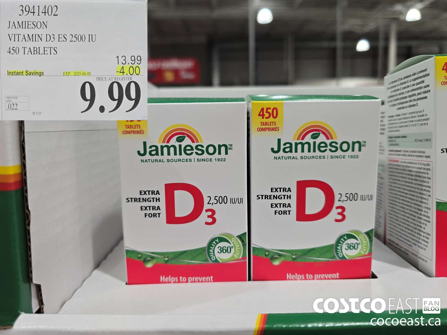 3941402 JAMIESON VITAMIN D3 2500IU 450 TABLETS ($4.00 INSTANT SAVINGS EXPIRES ON 2025-06-08) $9.99