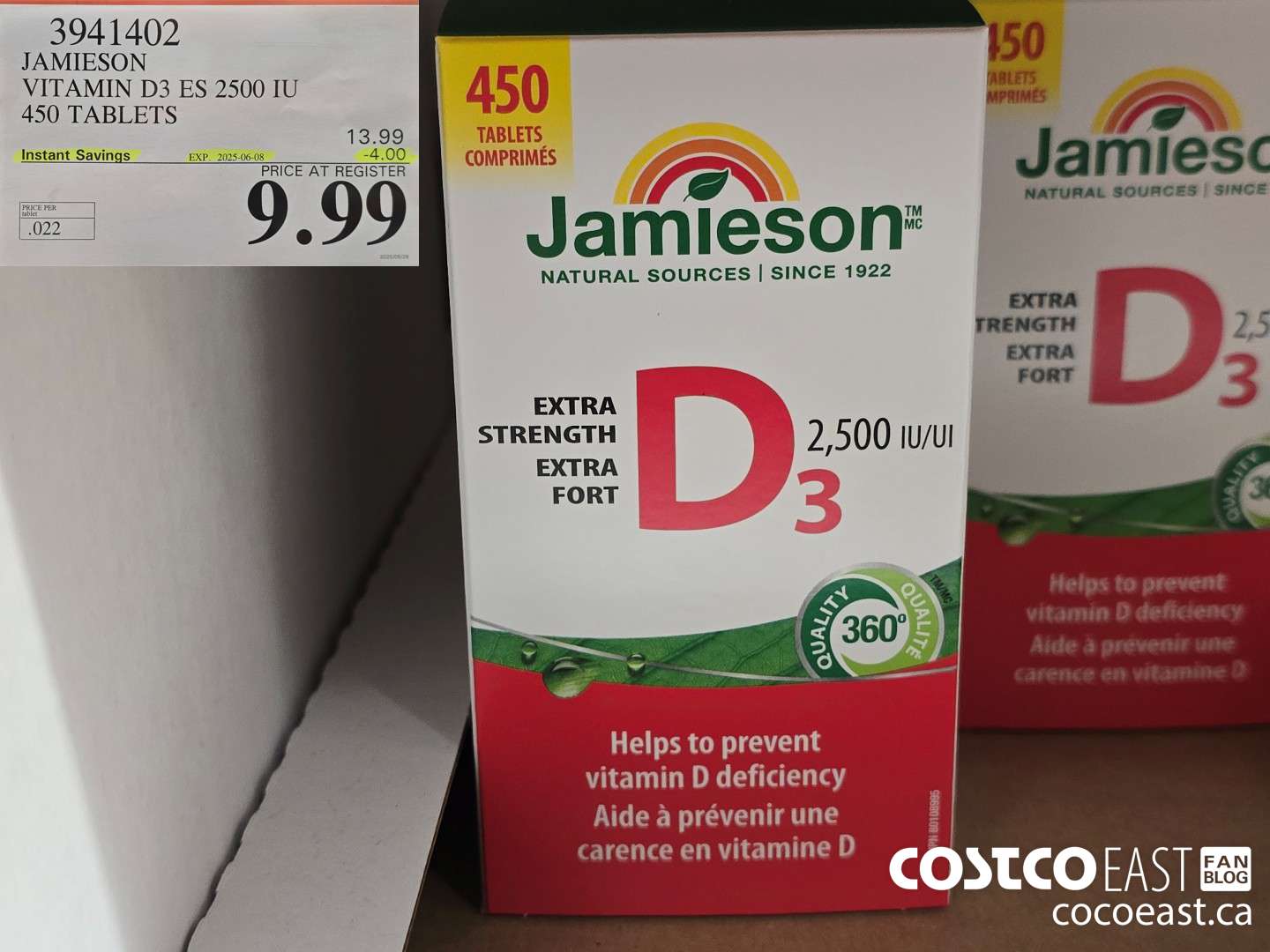 3941402 JAMIESON VITAMIN D3 2500IU 450 TABLETS ($4.00 INSTANT SAVINGS EXPIRES ON 2025-06-08) $9.99