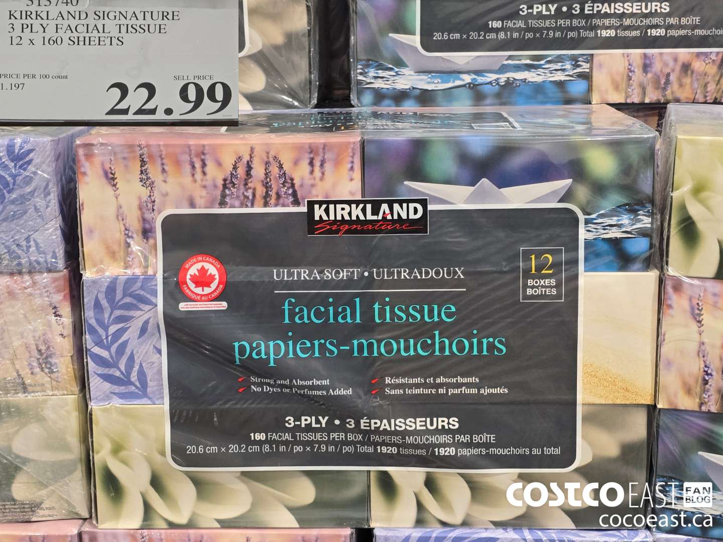 313740 KIRKLAND SIGNATURE 3 PLY FACIAL TISSUE 12 x 160 SHEETS $22.49