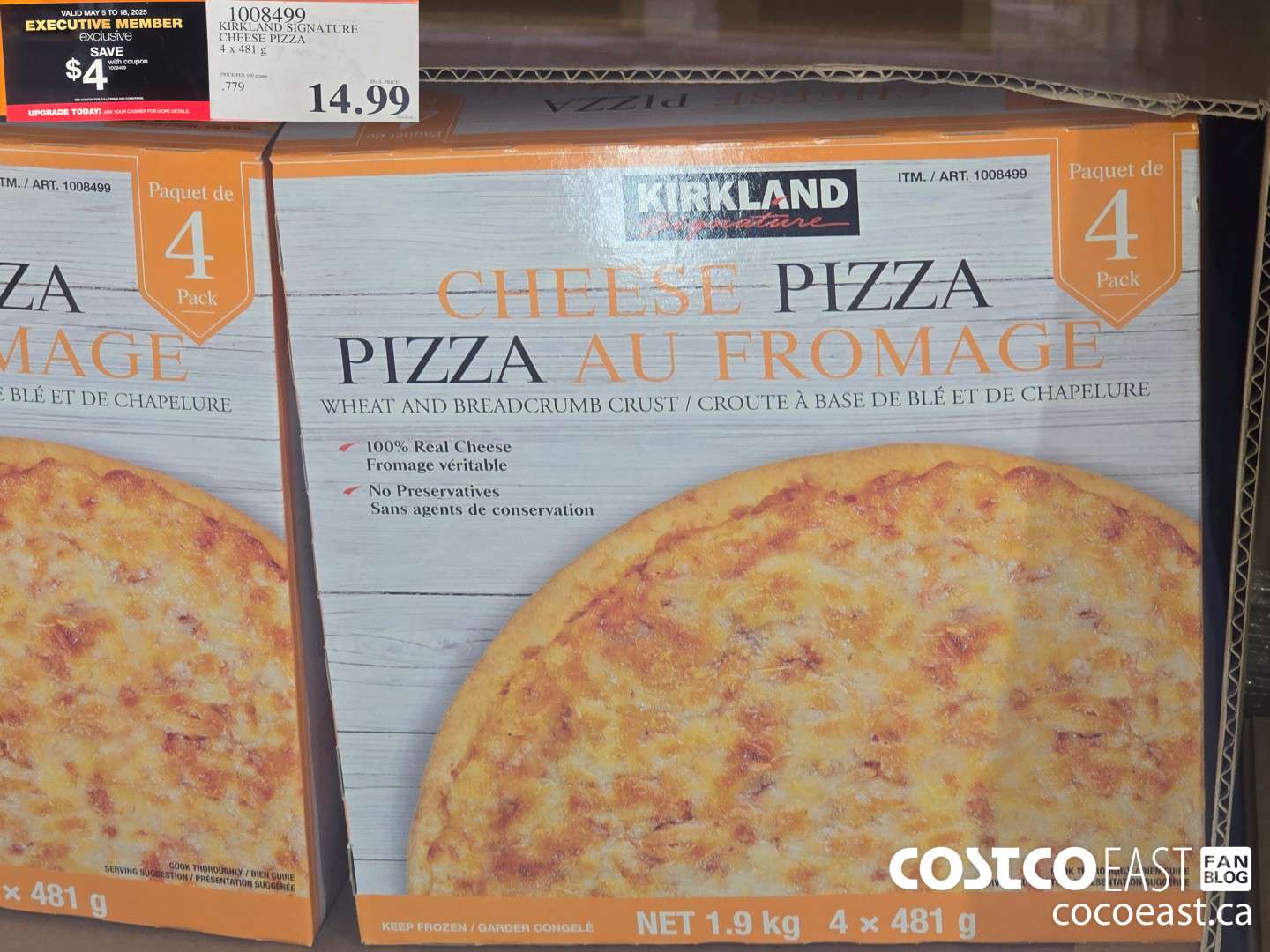 1008499 KIRKLAND SIGNATURE CHEESE PIZZA 4 X 481 G ($4.00 INSTANT SAVINGS EXPIRES ON 2025-05-18) $10.99