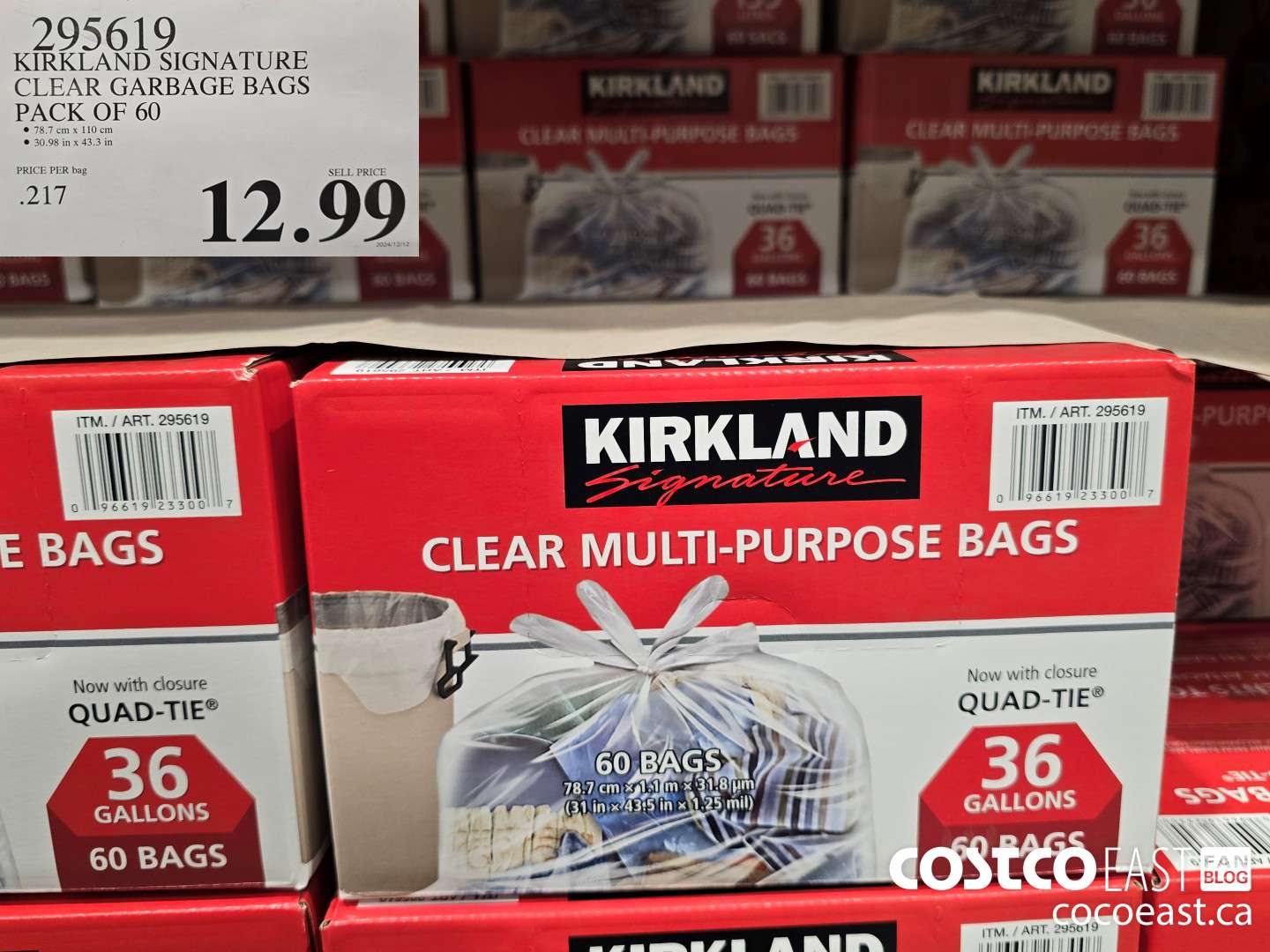 295619 KIRKLAND SIGNATURE CLEAR GARBAGE BAGS PACK OF 60 $12.99