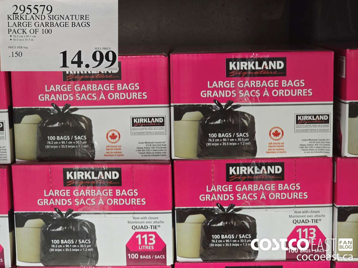 295579 KIRKLAND SIGNATURE LARGE GARBAGE BAGS PACK OF 100 $14.99